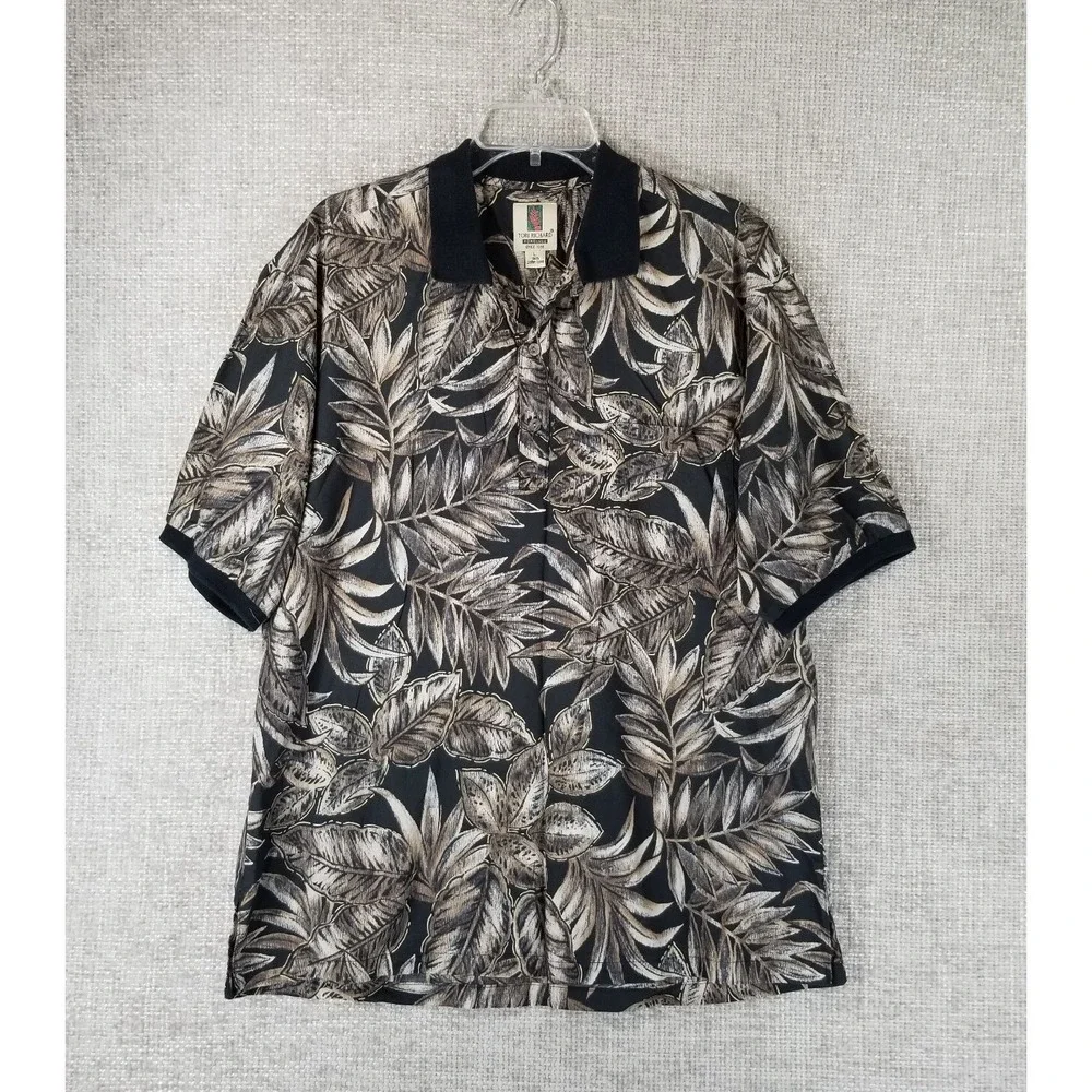 Tori Richard Honolulu Polo Shirt Men's Large 100% Cotton Lawn Brown Leaf‎ VTG